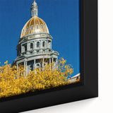 Textured black wall art of Denver skyline in vibrant colors on a large framed canvas, suitable for living room decor.