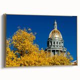 Framed canvas of Denver landscape in vintage poster style with gold and black color palette, ideal for bedroom wall art.