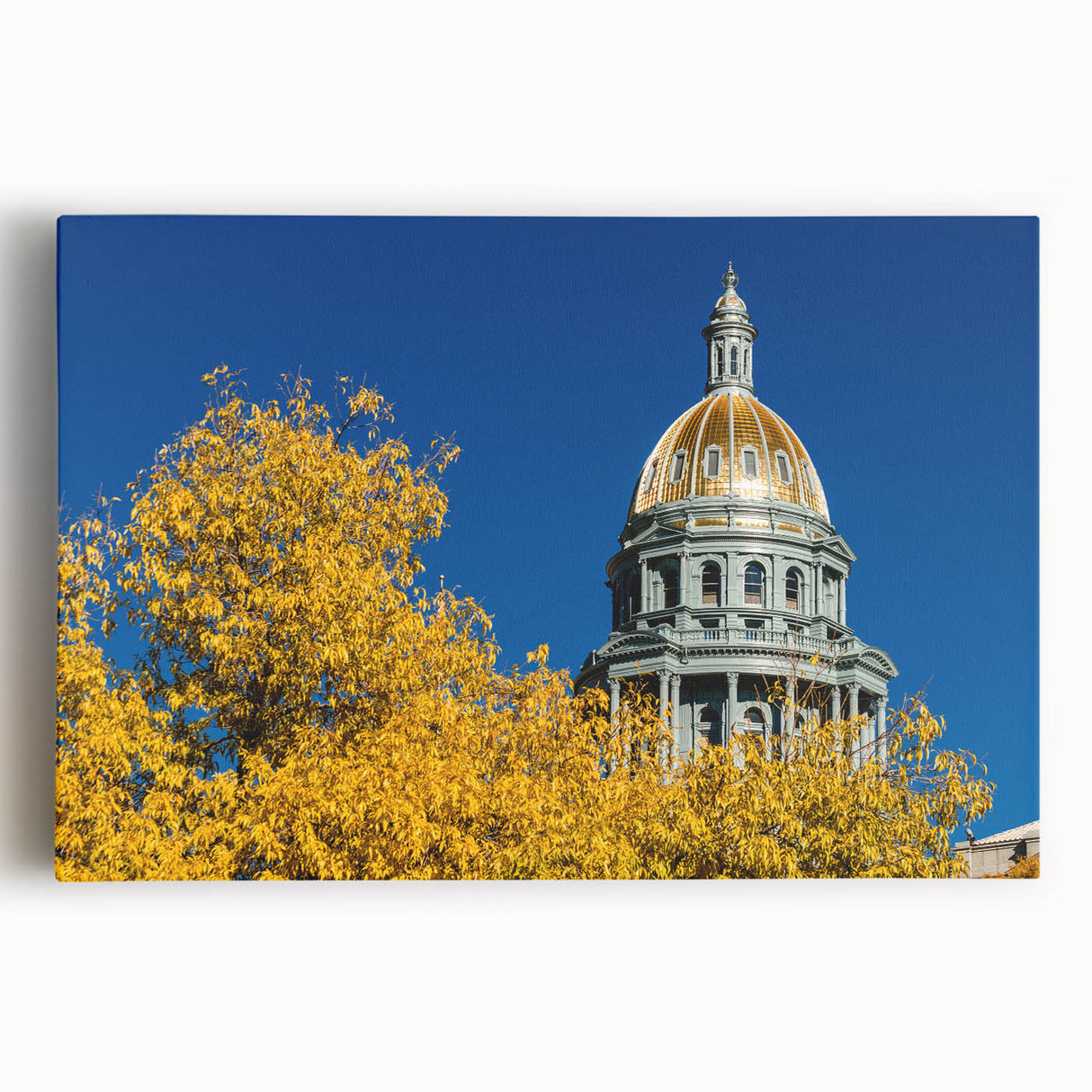 Black and white photograph of Denver skyline on large stretched canvas, suitable as kitchen wall art.
