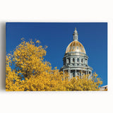 Black and white photograph of Denver skyline on large stretched canvas, suitable as kitchen wall art.