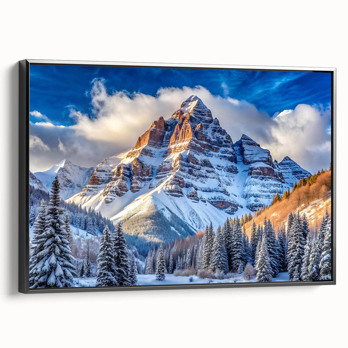 Black and white framed canvas of Maroon Bells, Colorado landscape, ideal for bedroom wall decor.