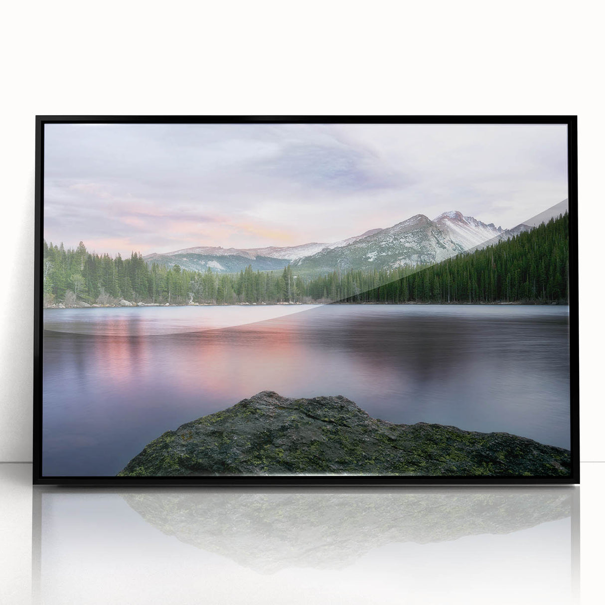 Large abstract wall art depicting the Rocky Mountains in muted earth tones on a framed acrylic panel.