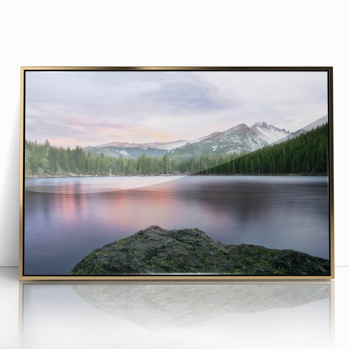 Framed acrylic print of the Rocky Mountains in earthy tones, ideal for modern art wall decor.