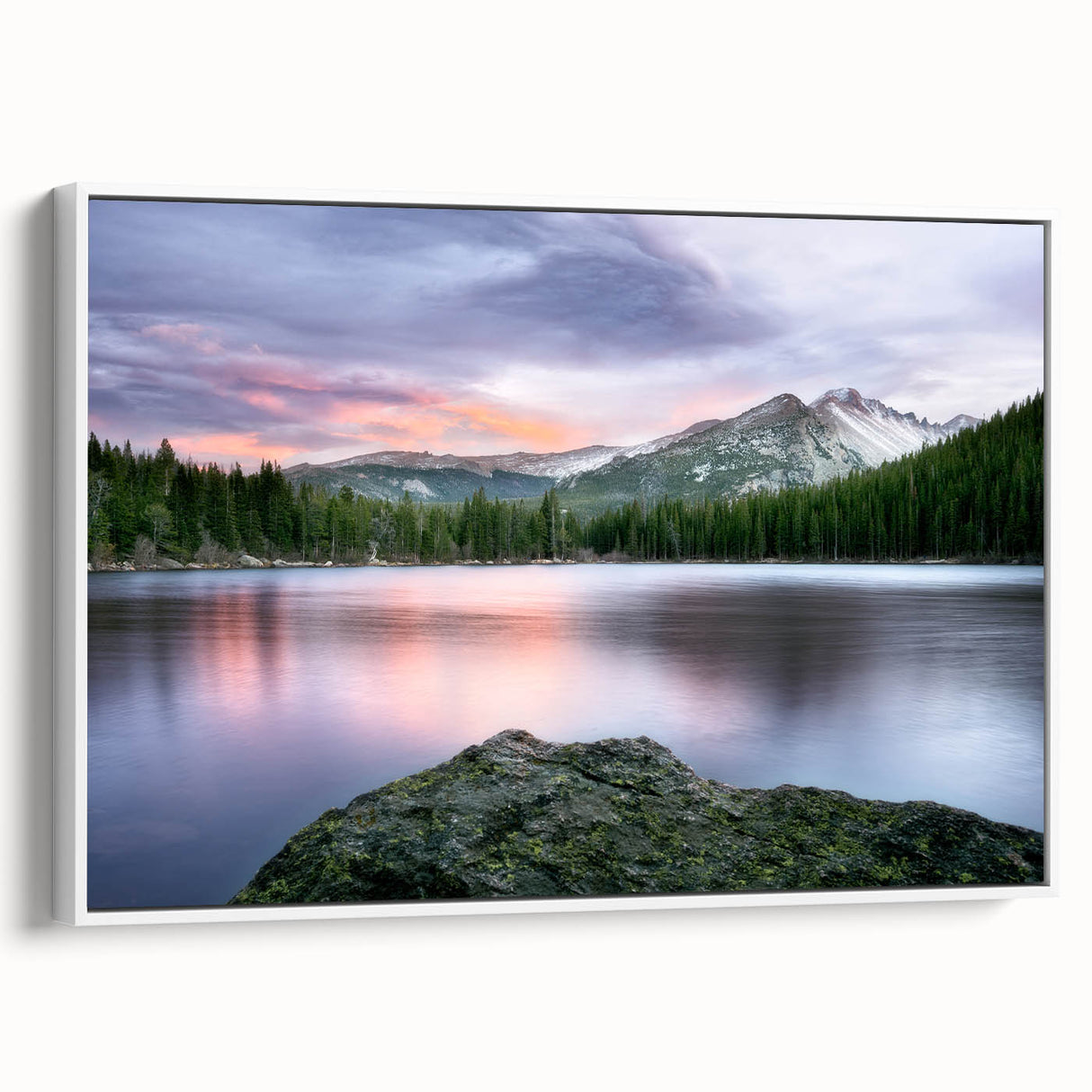 Vintage poster art of the Colorado Rocky Mountains in colorful hues on a large framed canvas, ideal for living room decor.