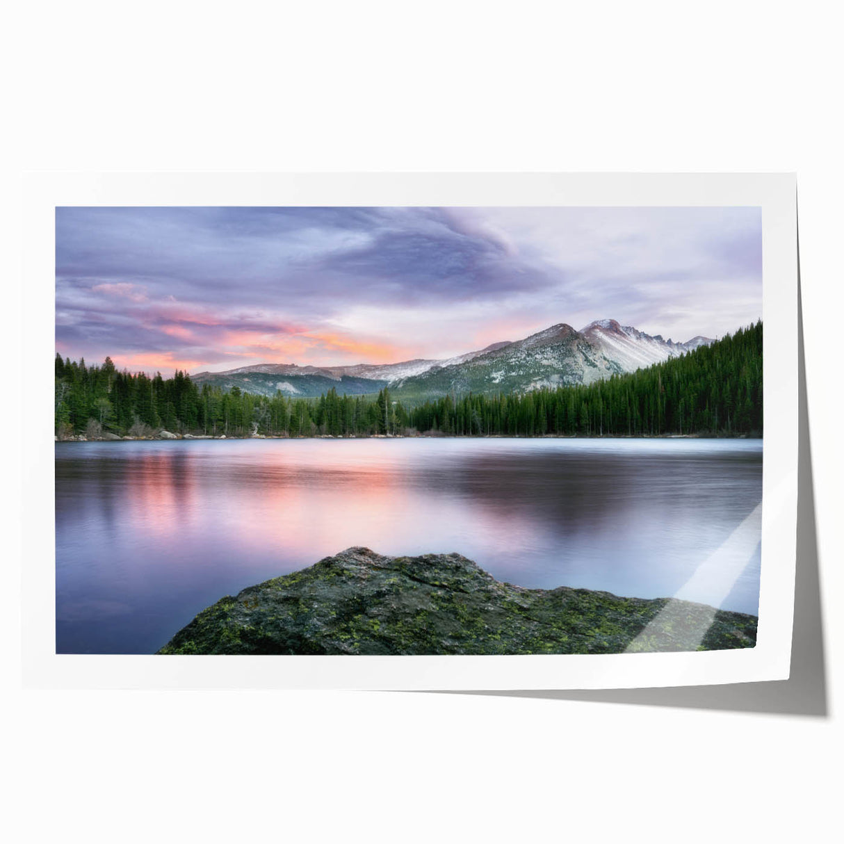 Rocky Mountain landscape on a rolled canvas print, featuring earthy green and blue tones, ideal for art wall dining room.