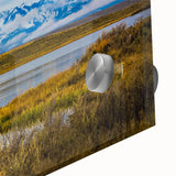 Large abstract wall art of Colorado Springs in muted blue and green acrylic, ideal for dining room ambiance.