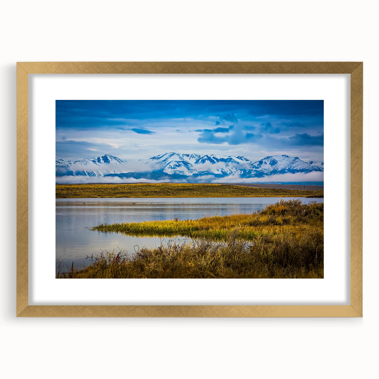 Extra large abstract art print of Colorado Springs scenery in textured gold frame, ideal for living room decor.
