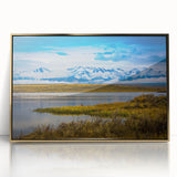 Large art print of Colorado Springs scenery in mid-century modernist style, framed in acrylic with gold tones.