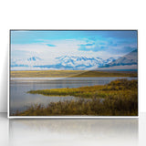 Acrylic print of Colorado Springs scenery in art deco style, framed in white, ideal for modern nursery decor.