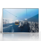 Art deco style poster depicting the Telluride, Colorado landscape in muted earth tones, framed in white acrylic.