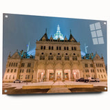 Acrylic glass print of a serene Connecticut landscape in muted green and blue tones.