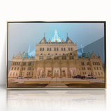 Mid-century modernist acrylic print of Connecticut scenery in gold frame, suited for nursery wall art.