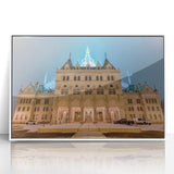 Art deco poster depicting Connecticut scenery in muted blue and white tones, framed acrylic, ideal for nursery wall art.