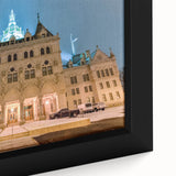 Extra large framed canvas of a textured Connecticut scenery in black with colorful art accents, ideal for living room decor.