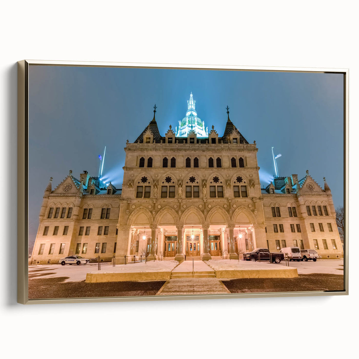 Framed canvas depicting a serene Connecticut landscape in muted earth tones, ideal for bedroom wall decor.