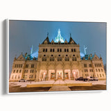 Vintage poster art of Connecticut scenery on extra large framed canvas, featuring colorful art on black background.