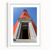 Abstract art print of Daytona scenery in muted blue and green tones on a white framed poster, suitable for dining room decor.