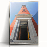 Mid-century modernist art depicting Daytona scenery in muted pastel colors on a silver-framed acrylic print.