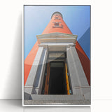 Art deco poster of Daytona scenery in muted blue and white hues on framed acrylic, suitable for modern nursery decor.