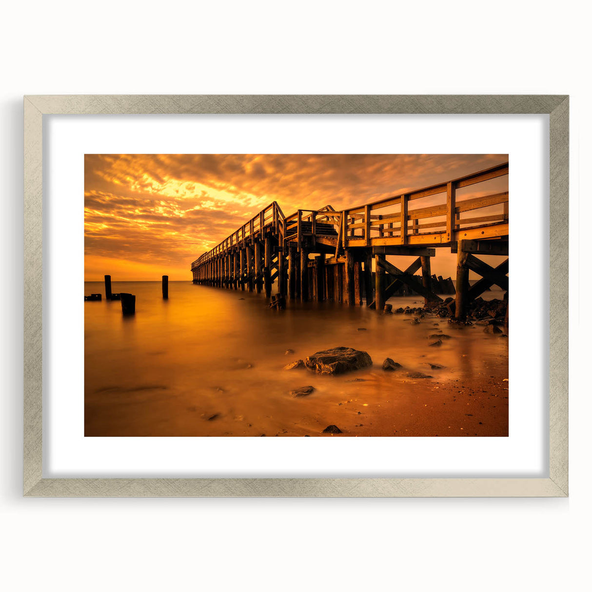 Abstract textured art print of Delaware scenery in muted earth tones, framed in silver, ideal for bedroom wall decor.