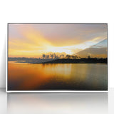 Art deco poster of Everglades scenery in muted green and blue tones, framed in white acrylic.