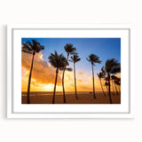 Abstract art print of Fort Lauderdale skyline in muted blues and greens on a framed white mat, ideal for dining room decor.