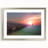 Textured abstract art print of the Florida Keys in muted blue and green hues on a framed silver mat, ideal for bedroom art.