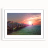 Abstract art print of the Florida Keys in muted blue and green tones, framed in white, ideal for dining room decor.