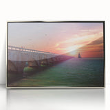 Mid-century modernist art depicting the Florida Keys in vibrant blue and green hues on a framed acrylic print.