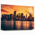 Acrylic glass print of a large abstract depiction of Miami, featuring vibrant oceanic and sunset hues.