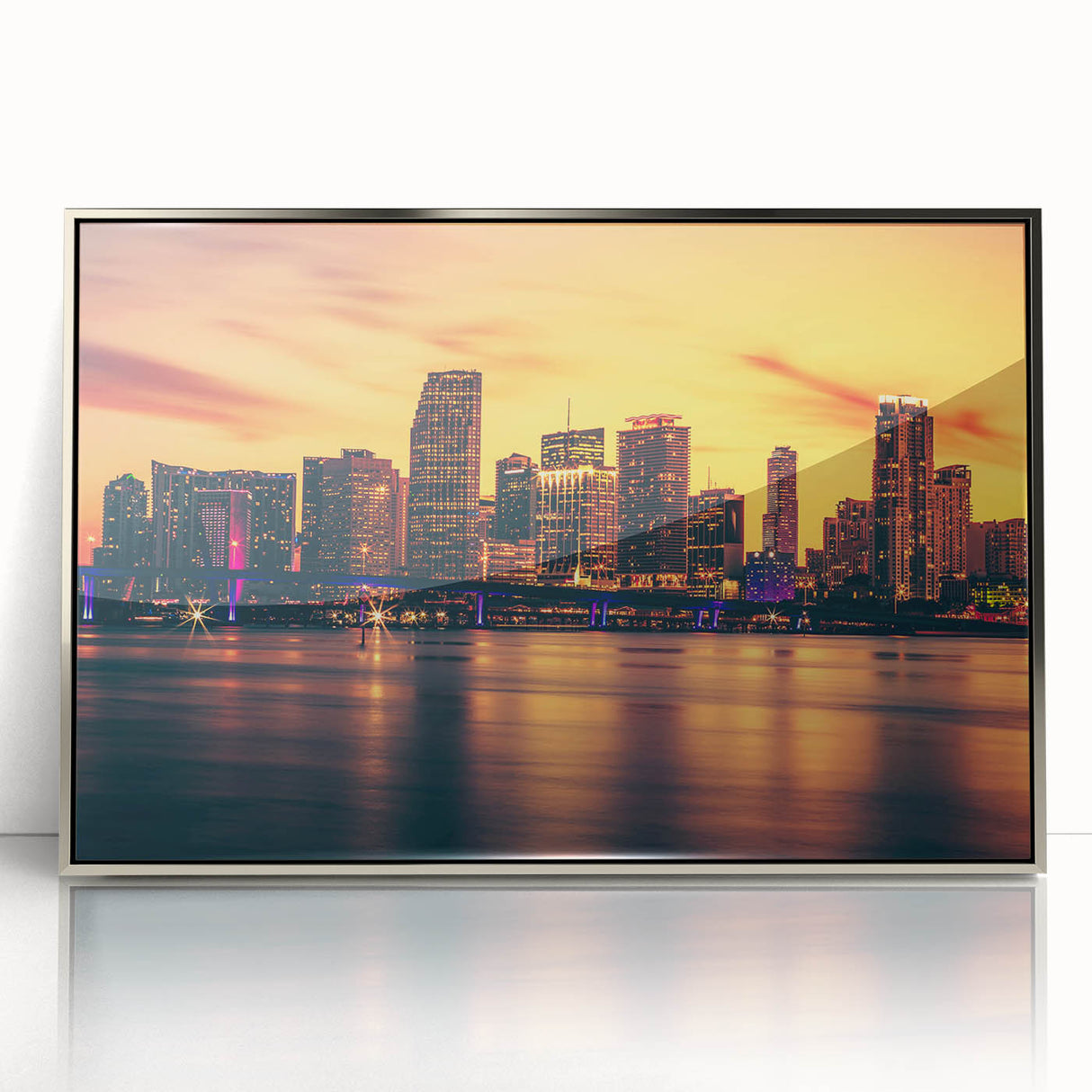 Mid-century modernist art of Miami skyline in muted pastels on a framed acrylic, suitable for nursery wall art.