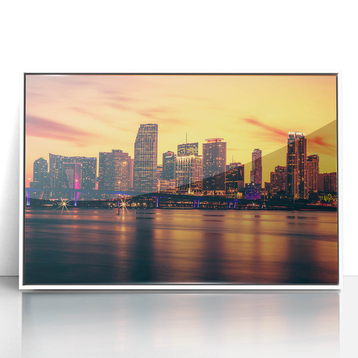 Framed acrylic print of Miami skyline in art deco style with pastel shades, ideal for modern nursery wall art.