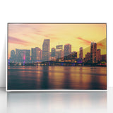 Framed acrylic print of Miami skyline in art deco style with pastel shades, ideal for modern nursery wall art.