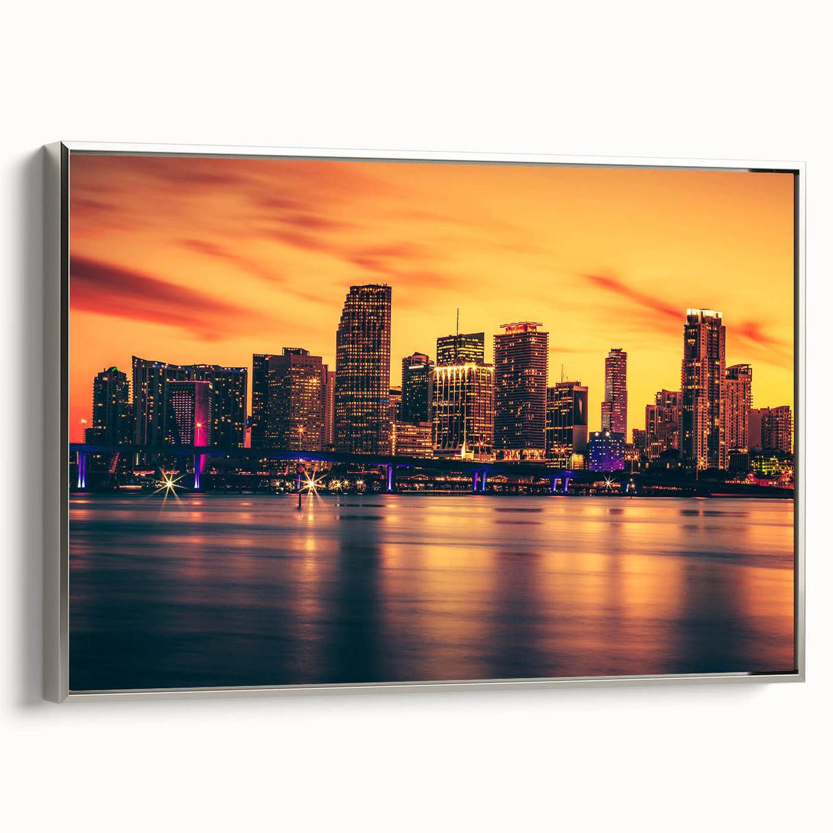 Framed canvas landscape art painting of Miami skyline featuring vibrant sunset hues, perfect for living room decor.