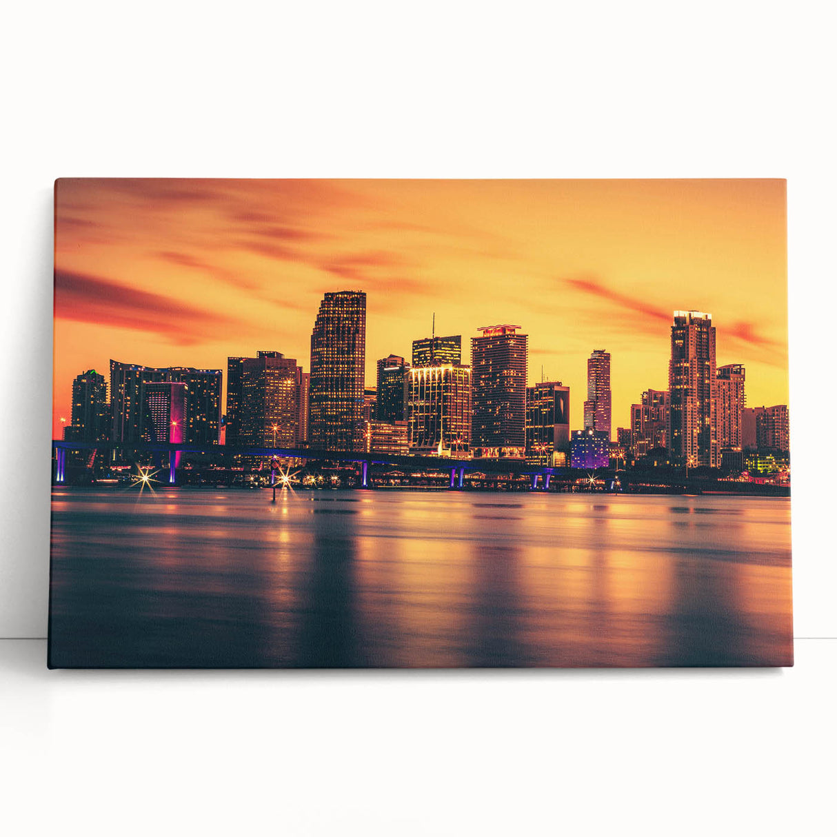 Black and white stretched canvas of Miami skyline, large art ideal for kitchen wall art or bedroom ambiance.