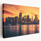 Panoramic Miami skyline on large stretched canvas with vibrant sunset colors, ideal for kitchen wall art.
