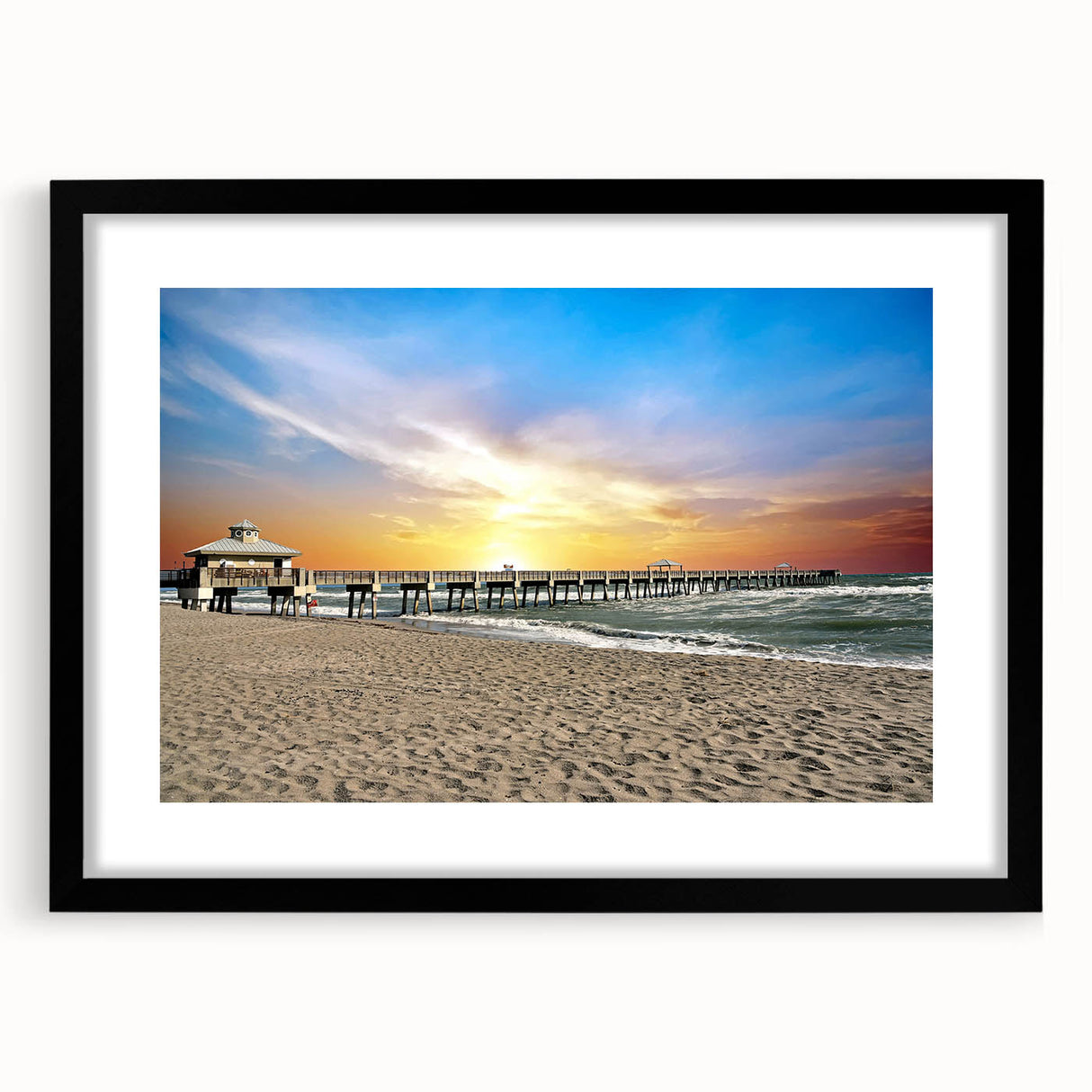 Extra large abstract art print of Palm Beach scenery in vibrant colors on a textured canvas, framed in black.