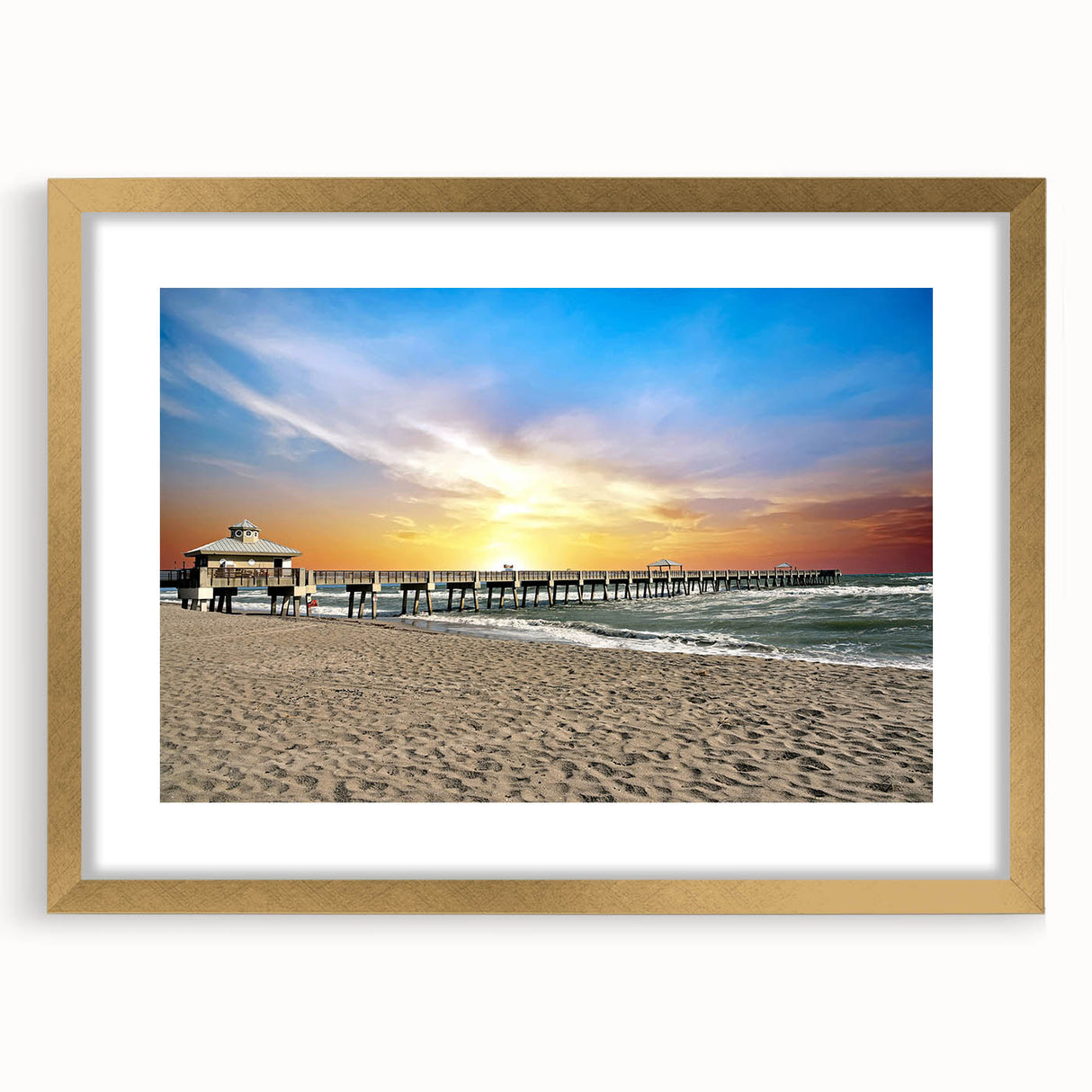 Extra large abstract art print of Palm Beach with textured design in vibrant colors on a gold-framed canvas.
