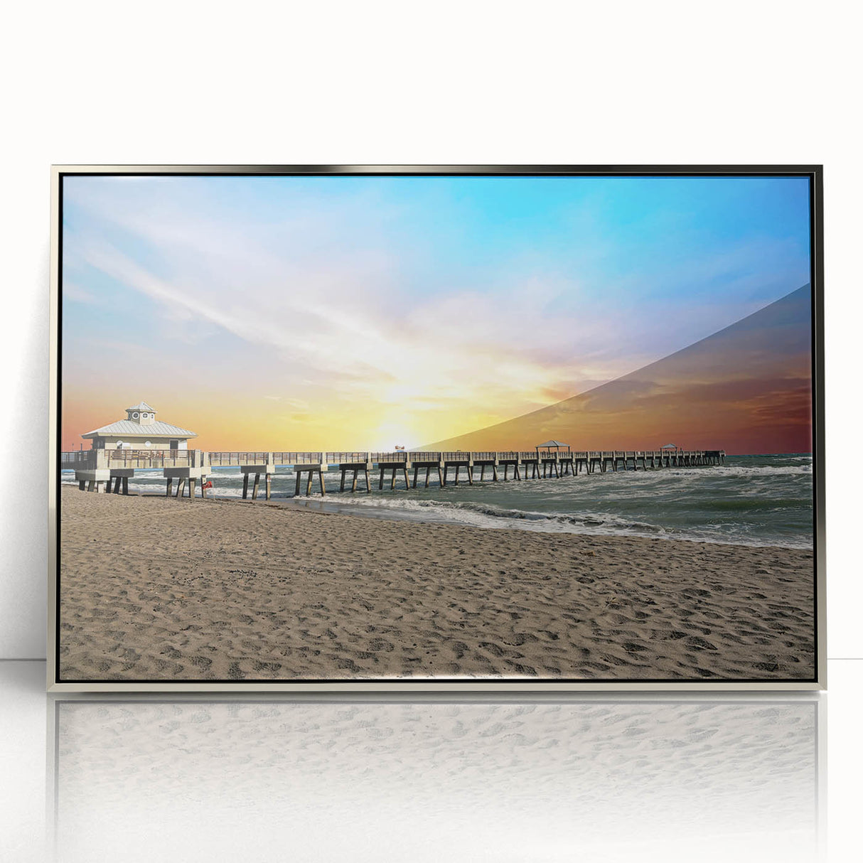 Mid-century modernist art of Florida Palm Beach in pastel shades on a silver-framed acrylic print.