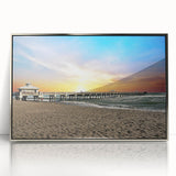 Mid-century modernist art of Florida Palm Beach in pastel shades on a silver-framed acrylic print.