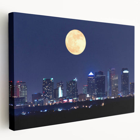 Side view of a large stretched canvas depicting the Tampa skyline in muted blue and gray tones.