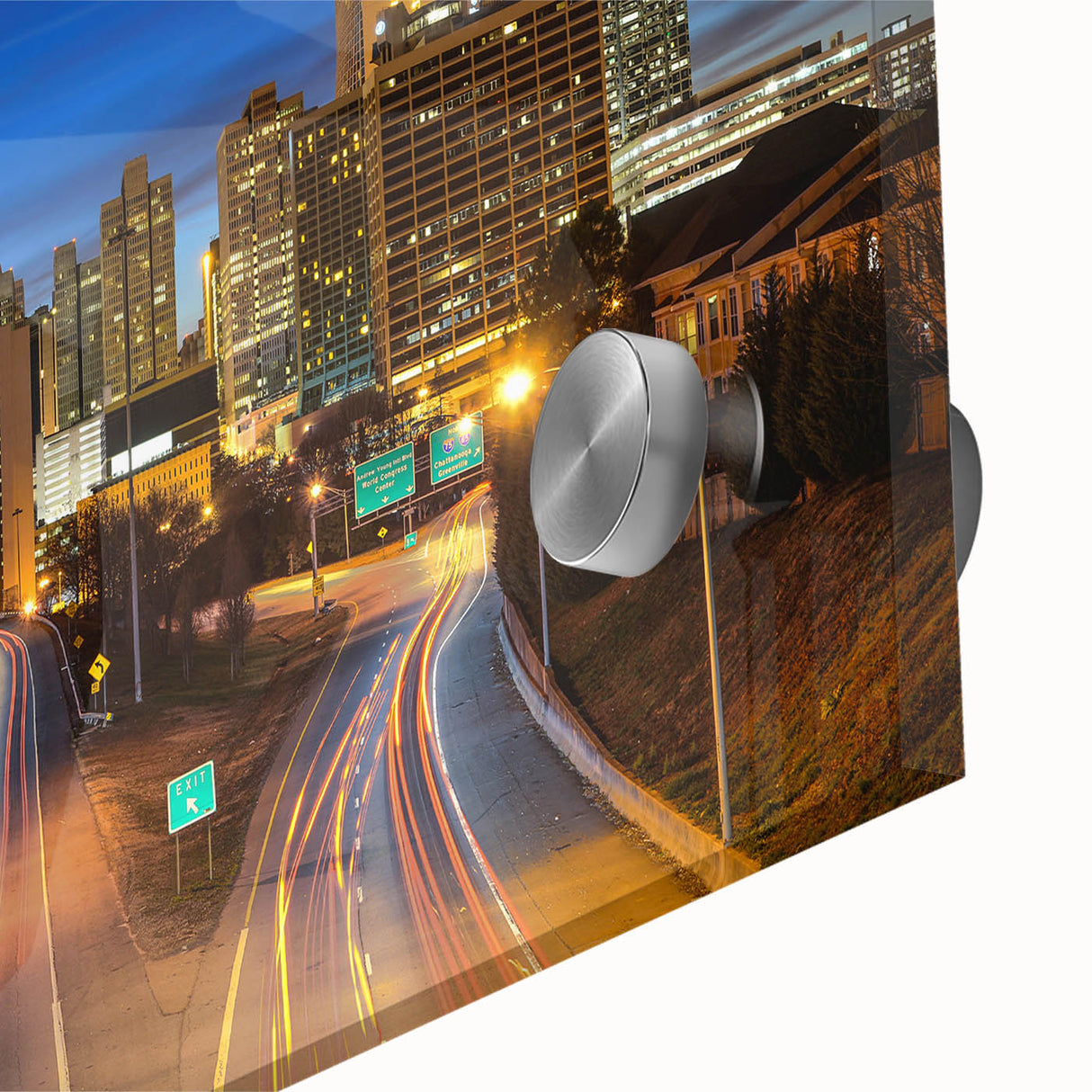 Mid-century modernist art of Atlanta skyline in muted gray and blue tones on acrylic glass, ideal for dining room art.