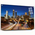 Acrylic print of Atlanta skyline in muted gray and blue tones, suitable for bedroom or dining room decor.