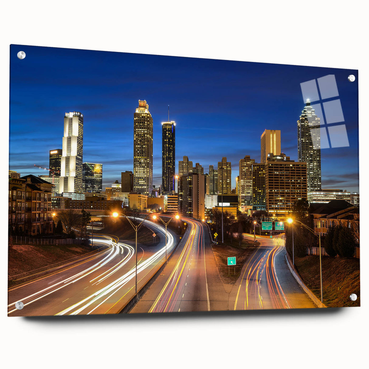 Acrylic print of Atlanta skyline in muted gray and blue tones, suitable for bedroom or dining room decor.