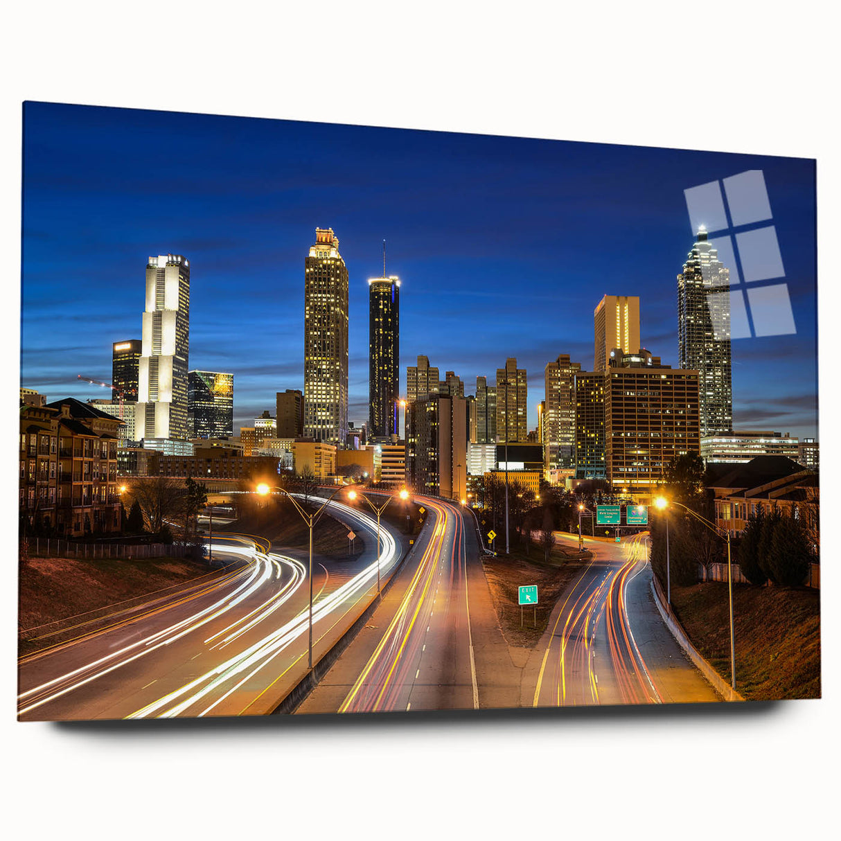 Acrylic print of Atlanta skyline in muted colors, suitable for bedroom or dining room decor.