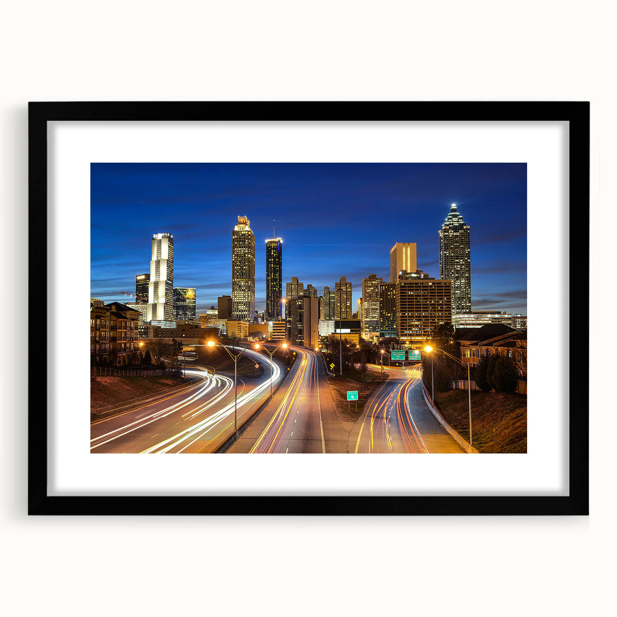 Abstract art print of Atlanta skyline in vibrant colors on a textured, extra large canvas, ideal for living room decor.