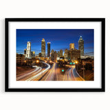 Abstract art print of Atlanta skyline in vibrant colors on a textured, extra large canvas, ideal for living room decor.