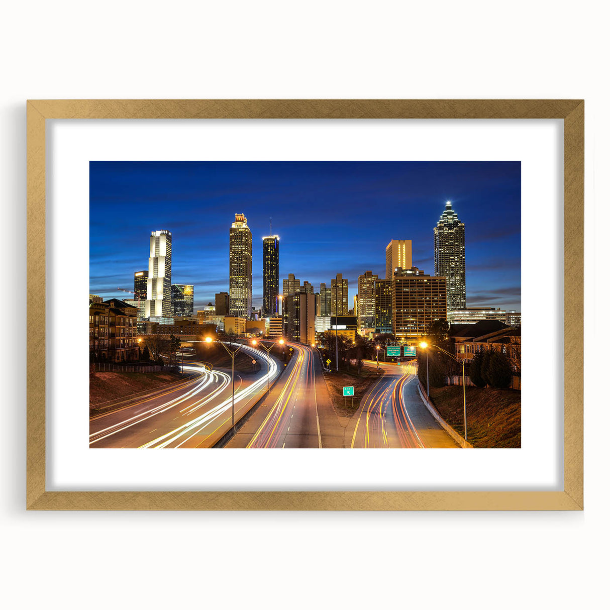 Extra large abstract art print of Atlanta skyline in muted gray and blue tones on framed canvas, ideal for living room decor.