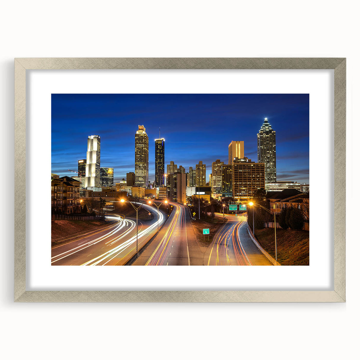 Textured abstract art print of the Atlanta skyline in silver frame, ideal for modern bedroom decor.