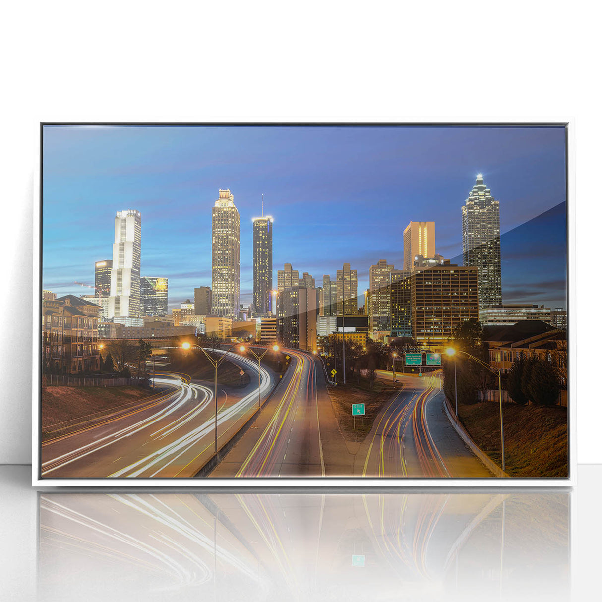 Art deco poster of Atlanta skyline in muted gray and blue tones on framed acrylic, suitable for modern nursery wall art.